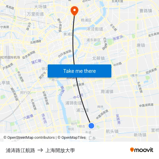 浦涛路江航路 to 上海開放大學 map