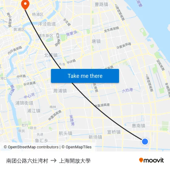 南团公路六灶湾村 to 上海開放大學 map
