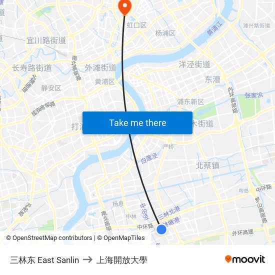 三林东 East Sanlin to 上海開放大學 map