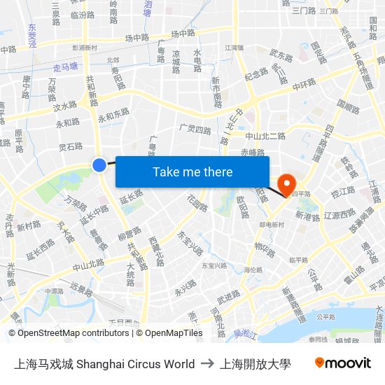 上海马戏城 Shanghai Circus World to 上海開放大學 map