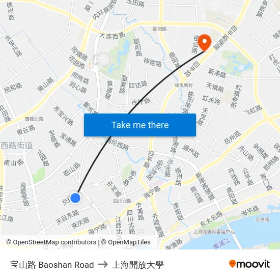 宝山路 Baoshan Road to 上海開放大學 map