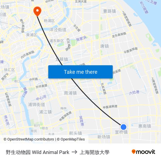 野生动物园 Wild Animal Park to 上海開放大學 map