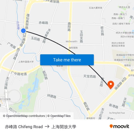 赤峰路 Chifeng Road to 上海開放大學 map