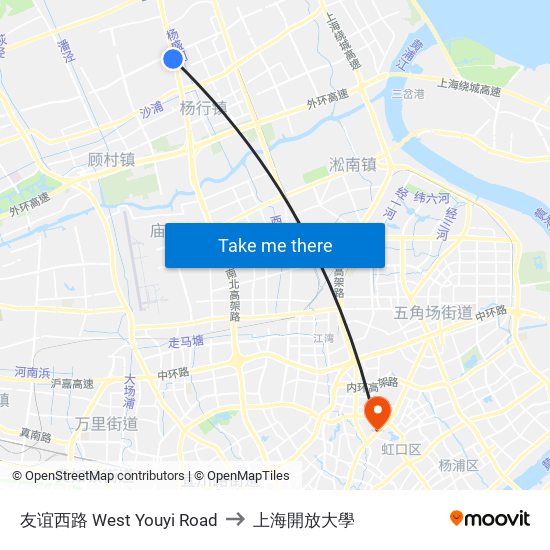 友谊西路 West Youyi Road to 上海開放大學 map