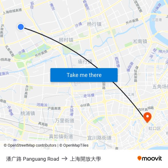 潘广路 Panguang Road to 上海開放大學 map