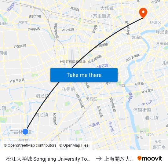 松江大学城 Songjiang University Town to 上海開放大學 map