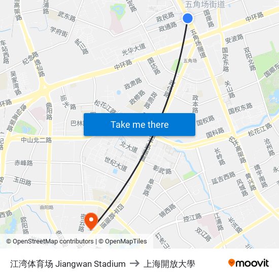 江湾体育场 Jiangwan Stadium to 上海開放大學 map