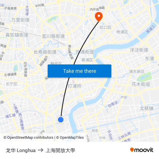 龙华 Longhua to 上海開放大學 map