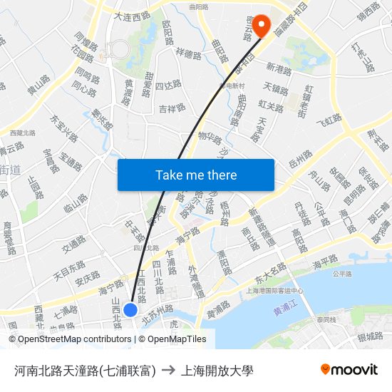 河南北路天潼路(七浦联富) to 上海開放大學 map
