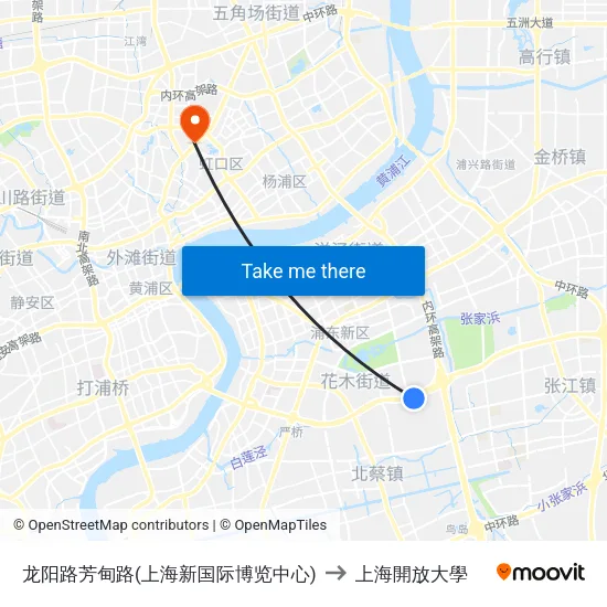 龙阳路芳甸路(上海新国际博览中心) to 上海開放大學 map