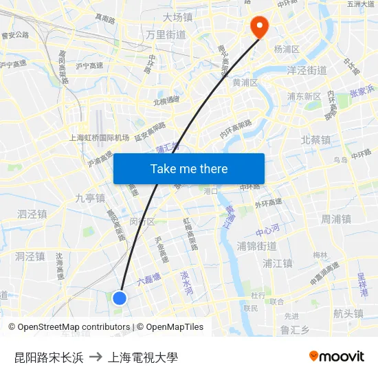 昆阳路宋长浜 to 上海電視大學 map