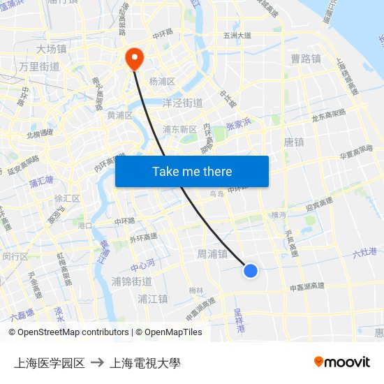 上海医学园区 to 上海電視大學 map