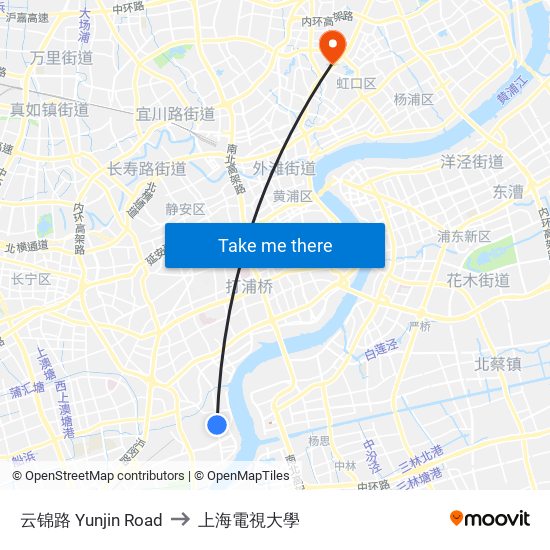 云锦路 Yunjin Road to 上海電視大學 map