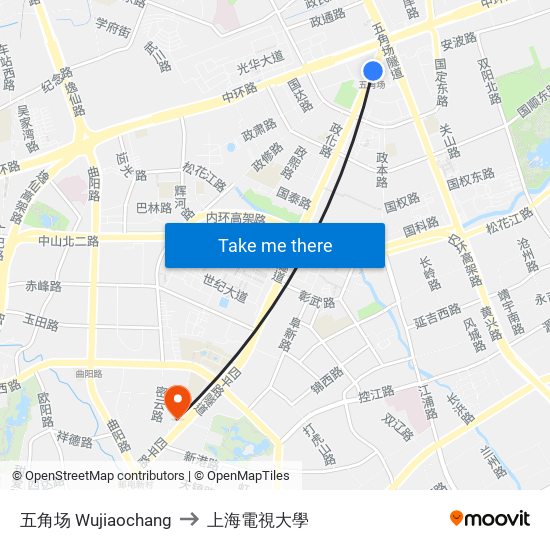 五角场 Wujiaochang to 上海電視大學 map