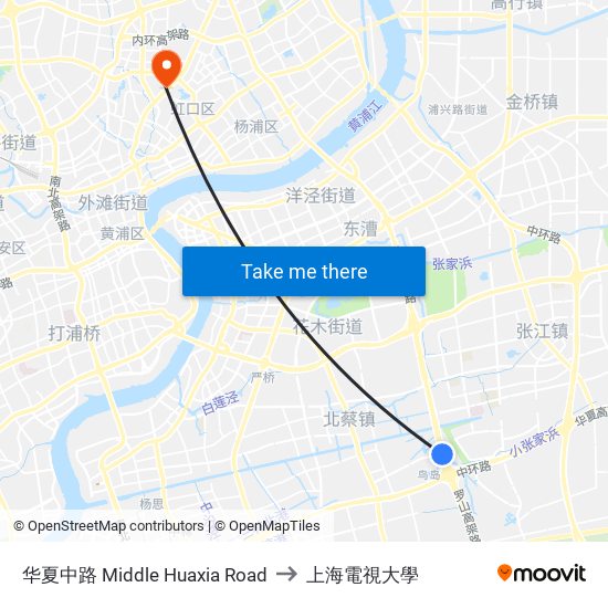 华夏中路 Middle Huaxia Road to 上海電視大學 map