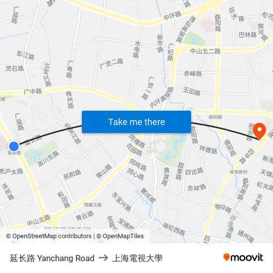 延长路 Yanchang Road to 上海電視大學 map