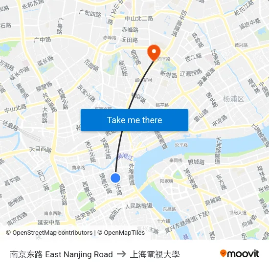 南京东路 East Nanjing Road to 上海電視大學 map