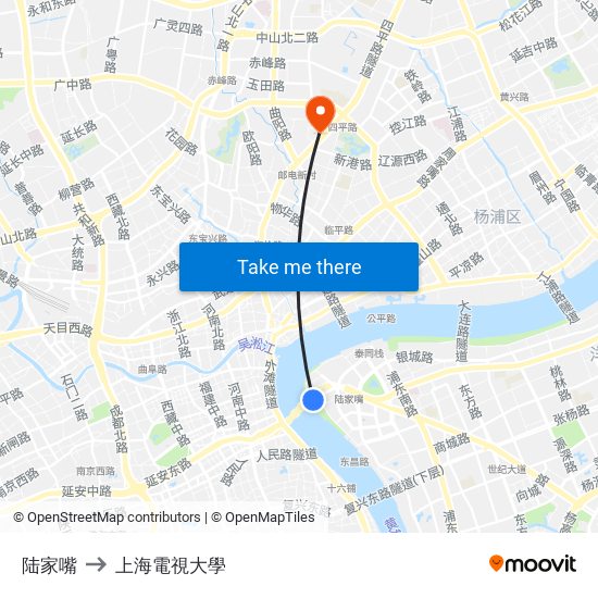 陆家嘴 to 上海電視大學 map