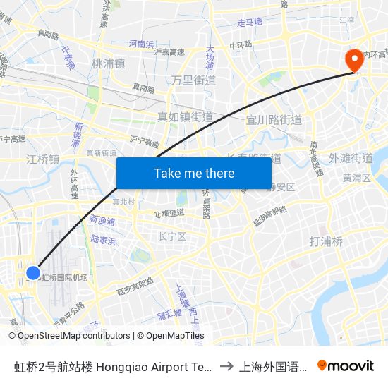 虹桥2号航站楼 Hongqiao Airport Terminal 2 to 上海外国语大学 map