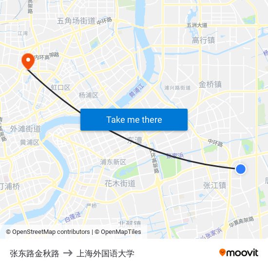 张东路金秋路 to 上海外国语大学 map