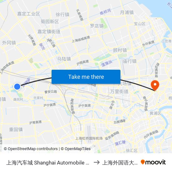 上海汽车城 Shanghai Automobile City to 上海外国语大学 map