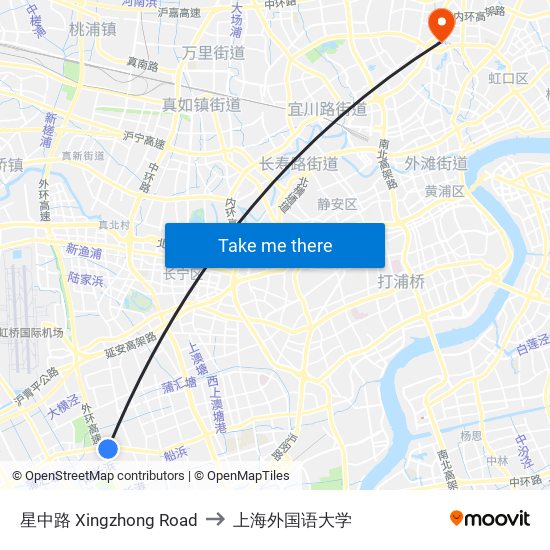 星中路 Xingzhong Road to 上海外国语大学 map