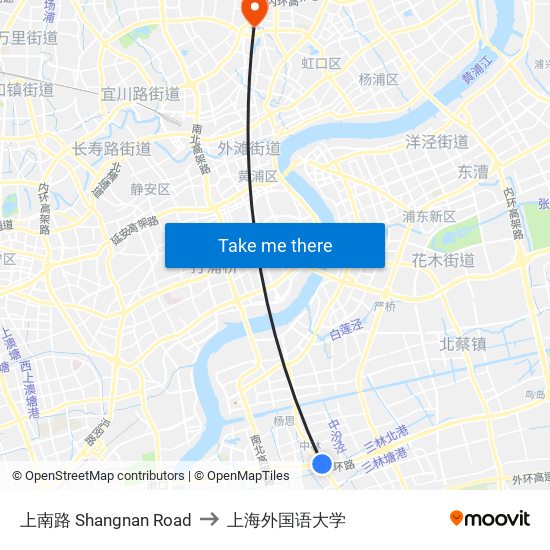 上南路 Shangnan Road to 上海外国语大学 map