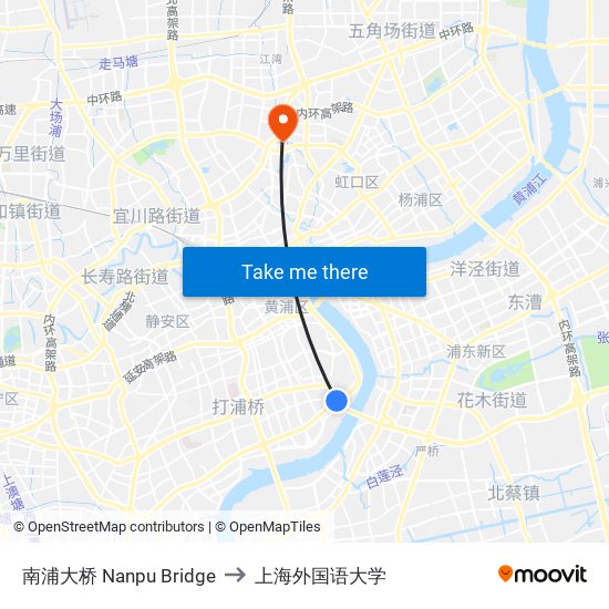 南浦大桥 Nanpu Bridge to 上海外国语大学 map