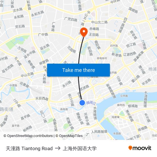 天潼路 Tiantong Road to 上海外国语大学 map