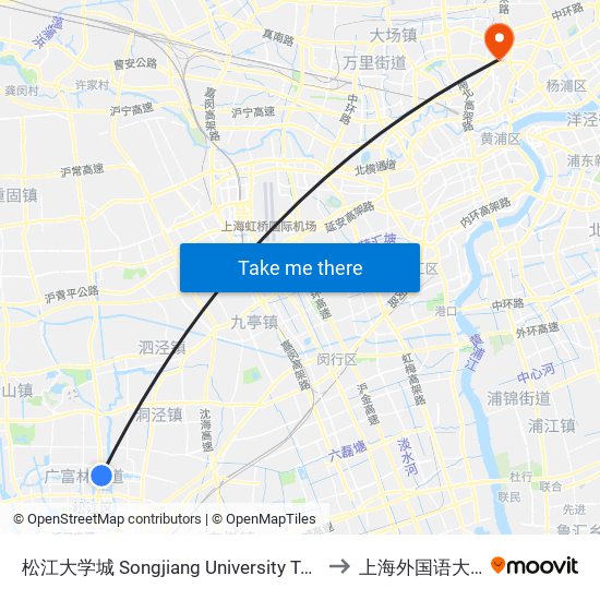 松江大学城 Songjiang University Town to 上海外国语大学 map