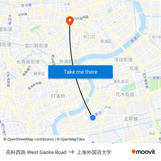 高科西路 West Gaoke Road to 上海外国语大学 map