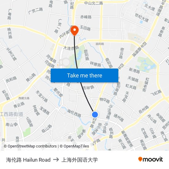 海伦路 Hailun Road to 上海外国语大学 map