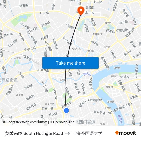 黄陂南路 South Huangpi Road to 上海外国语大学 map