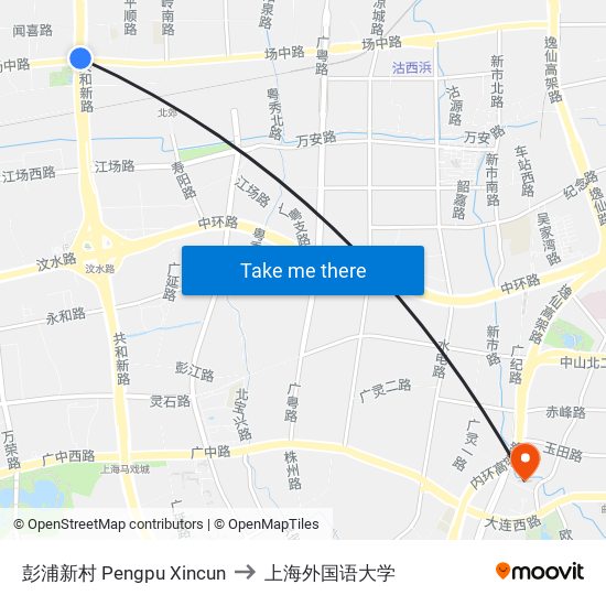 彭浦新村 Pengpu Xincun to 上海外国语大学 map