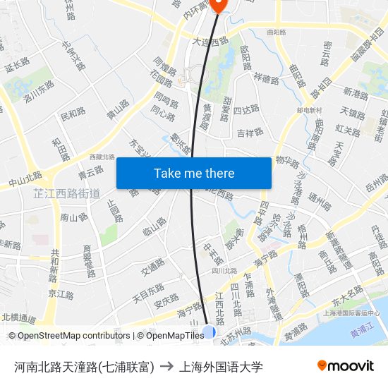 河南北路天潼路(七浦联富) to 上海外国语大学 map