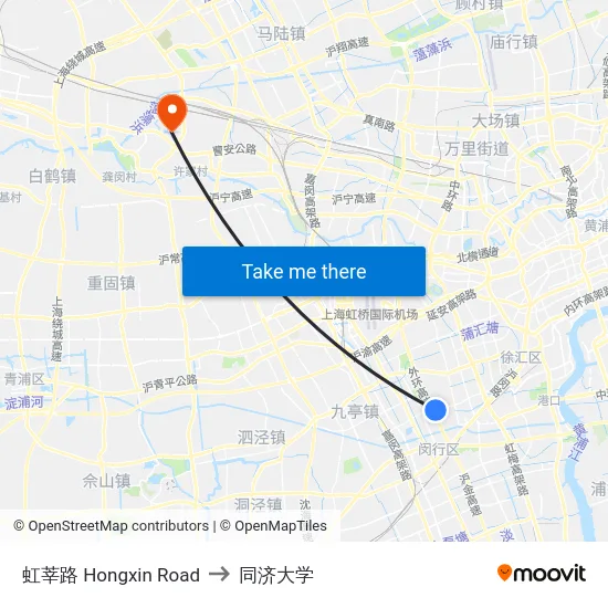 虹莘路 Hongxin Road to 同济大学 map