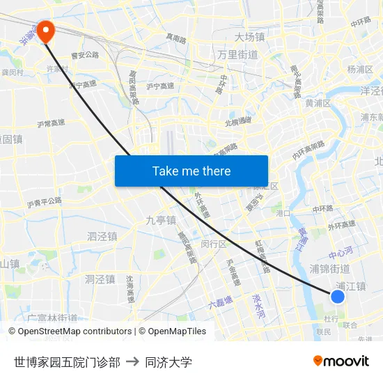 世博家园五院门诊部 to 同济大学 map