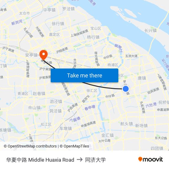 华夏中路 Middle Huaxia Road to 同济大学 map