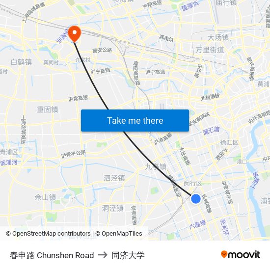 春申路 Chunshen Road to 同济大学 map