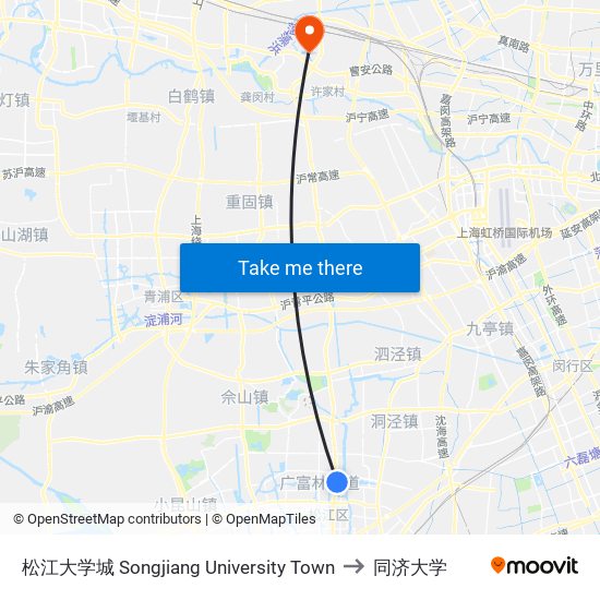 松江大学城 Songjiang University Town to 同济大学 map