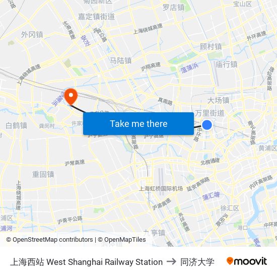 上海西站 West Shanghai Railway Station to 同济大学 map