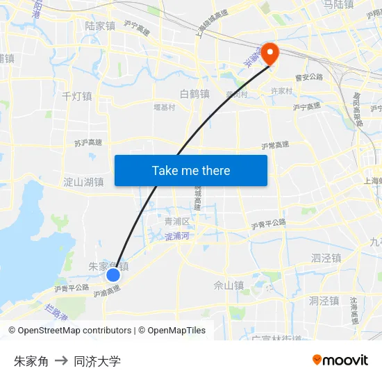朱家角 to 同济大学 map