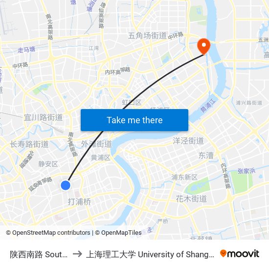 陕西南路 South Shaanxi Road to 上海理工大学 University of Shanghai for Science and Technology map