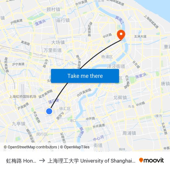 虹梅路 Hongmei Road to 上海理工大学 University of Shanghai for Science and Technology map