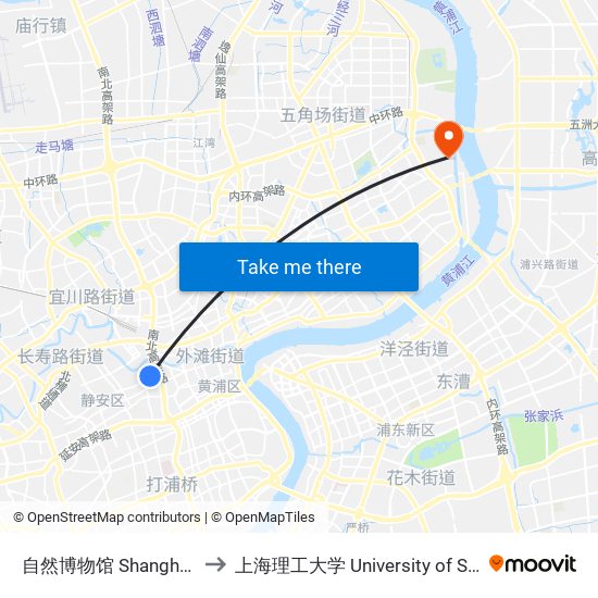 自然博物馆 Shanghai Natural History Museum to 上海理工大学 University of Shanghai for Science and Technology map