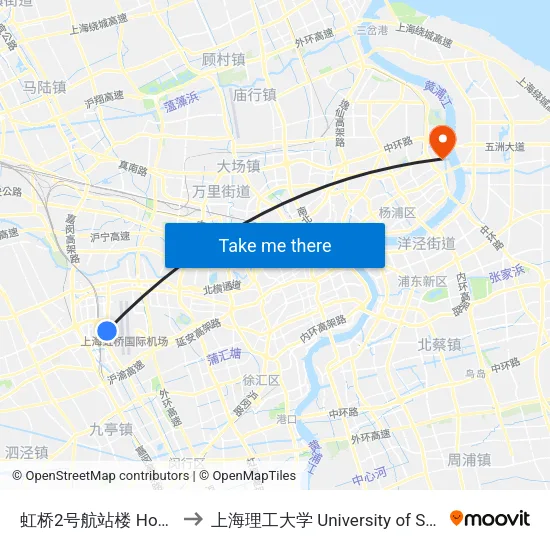 虹桥2号航站楼 Hongqiao Airport Terminal 2 to 上海理工大学 University of Shanghai for Science and Technology map