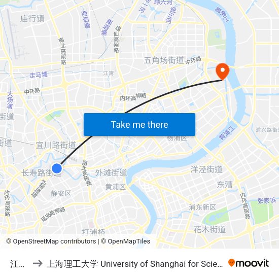 江宁路 to 上海理工大学 University of Shanghai for Science and Technology map