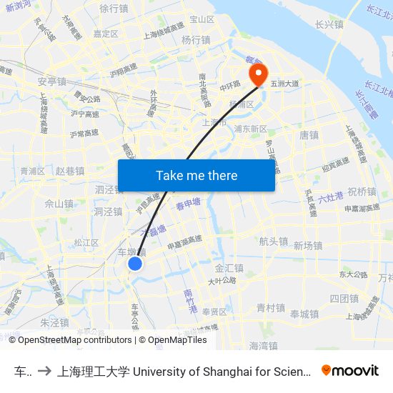 车墩 to 上海理工大学 University of Shanghai for Science and Technology map