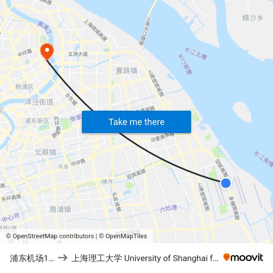 浦东机场1号航站楼 to 上海理工大学 University of Shanghai for Science and Technology map