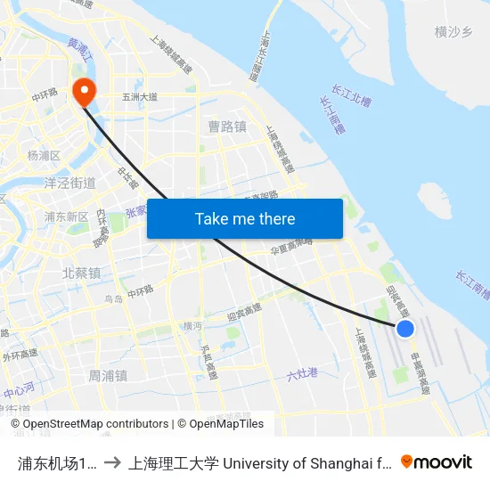 浦东机场1号航站楼 to 上海理工大学 University of Shanghai for Science and Technology map